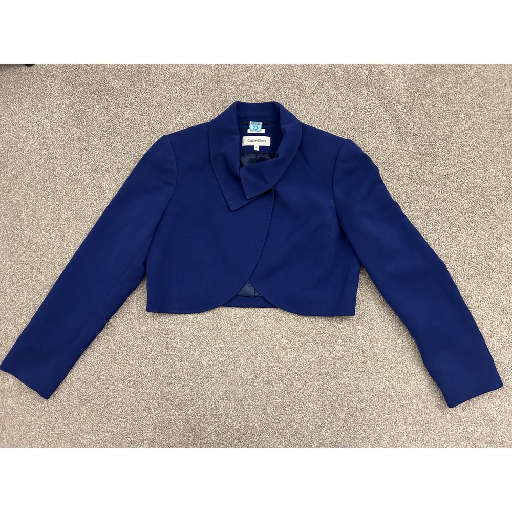 Calvin Klein Cropped Blazer Women 8 Blue Excellent Stretch Open Front Bolero
